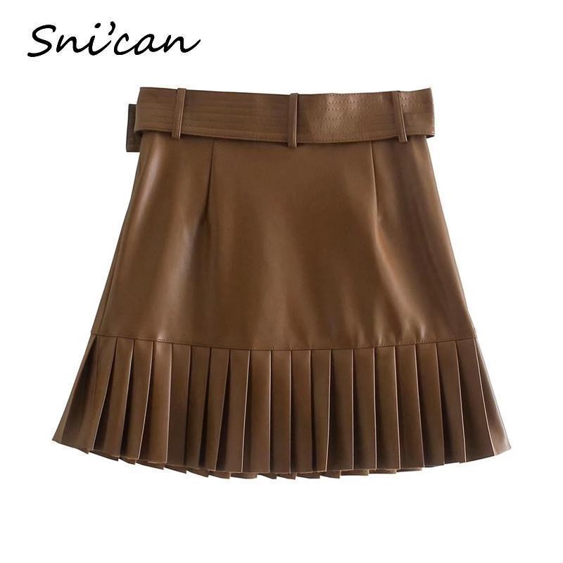 Bown Pu Leather Skirt With Belt Fashion Autumn Sprint Cascading Pleated High Waist Jupe Cuir Femme Women Falda Plisada 220322
