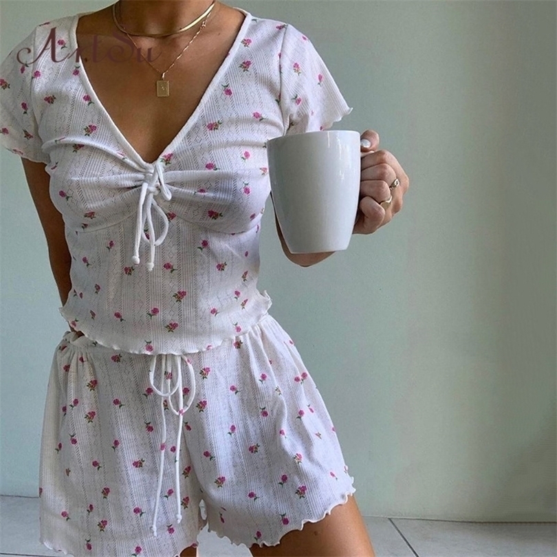 Artsu Floral Print 2 Piece Sets Womens Outfits vneck Hollow Out Ruched Bandage Crop top Shorts Sweet Summer Suit Summer Sets
