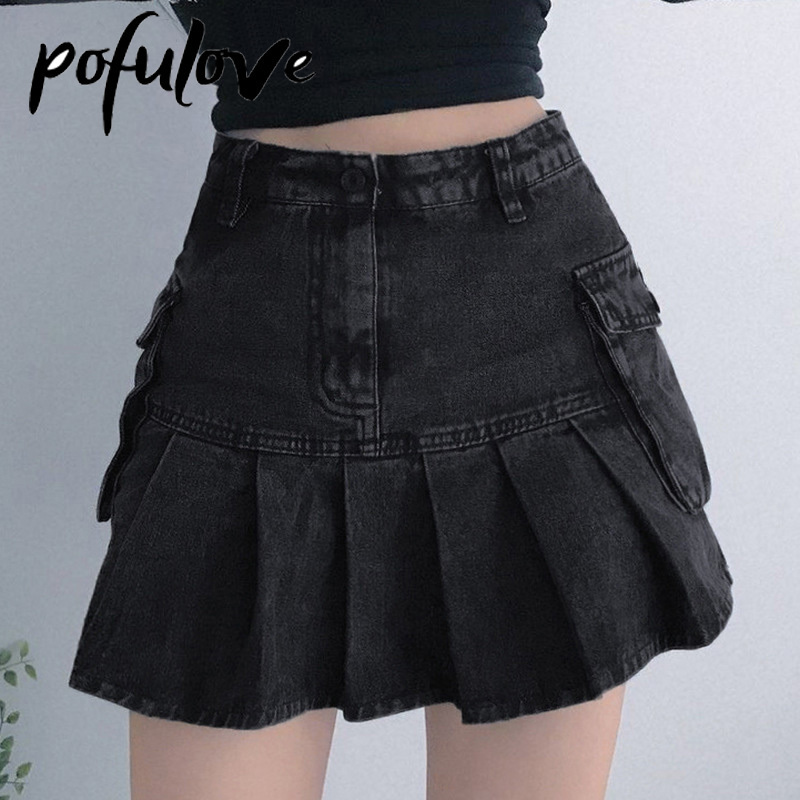 Jeans Mini Skirt Goth Denim Pleated Skirts with Big Pockets Women Girl Summer Punk Y2K Black Faldas High Waist Korean Fashion 220317