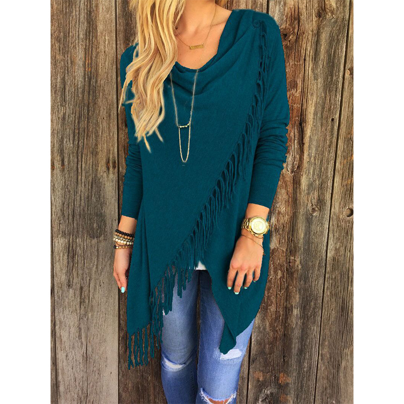 XS-3XL Autumn Elegant Tassel Solid Top Women Turtleneck Long Sleeved Coat Slim Casual T-shirt Classic Mid Length Slash Tees 220321