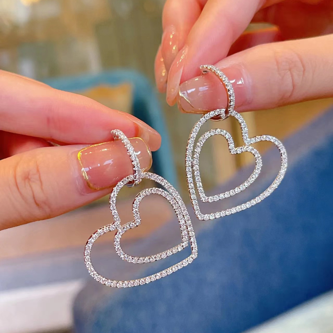 choucong Brand Dangle Earring Sweet Cute Simple Fashion Jewelry 925 Sterling Silver Pave 5A Cubic Zircon CZ Diamond Double Heart Women Drop Earrings G