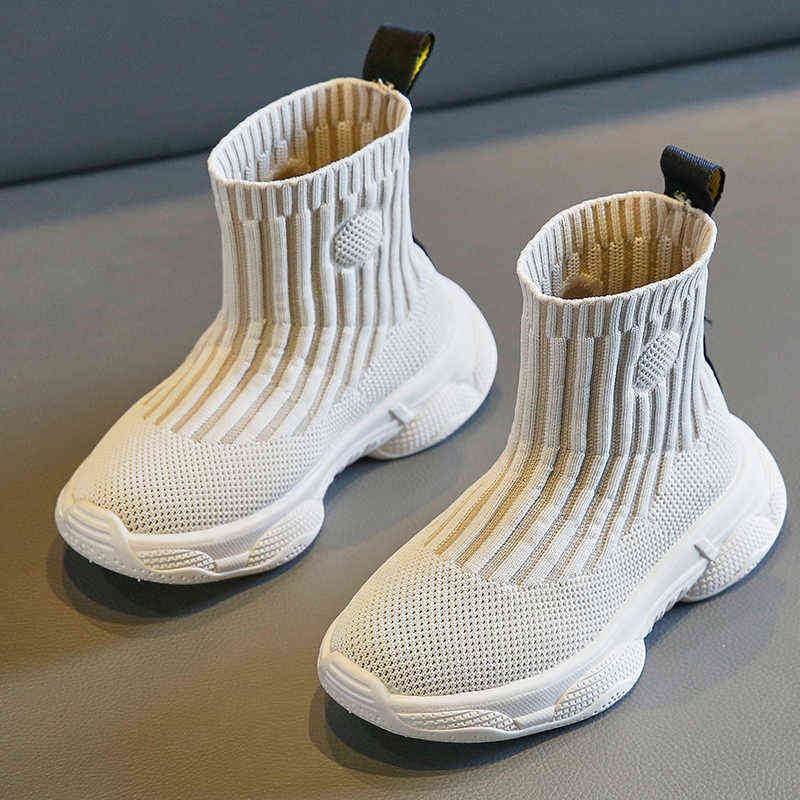 Children Casual Shoes Sock Fly Knit Beige Black Platform Non-slip 26-36 Boys Girls Boots Fashion Breathable Spring Kids Shoe Y220510