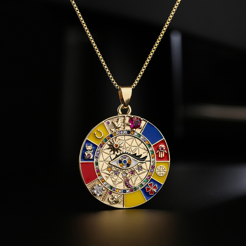 Bohemian Style Colorful Enameled Gold Evil Eye Pendant Necklace for Gift