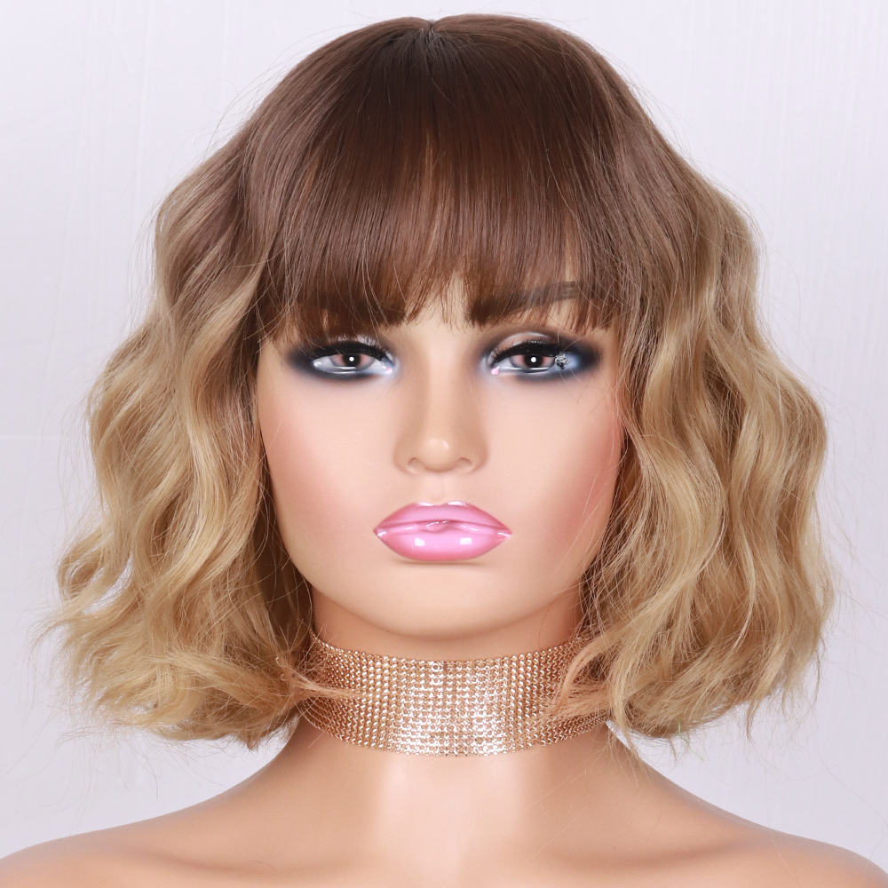 Short Brown Wig Synthetic Wigs with Bangs for Women Blonde Water Wave Natural Bob Wigs Heat Resistant False Hair