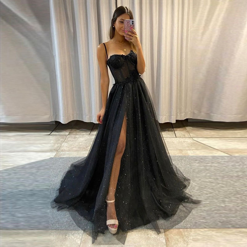 Popular Side Slit 3D Flowers Long Evening Dresses Gowns Spaghetti Straps Sweetheart Bones Black Glitter A Line Tulle Prom Dresses, Yellow
Popular Side Slit 3D Flowers Long Evening Dresses Gowns Spaghetti Straps Sweetheart Bones Black Glitter A Line Tulle Prom Dresses, Yellow
