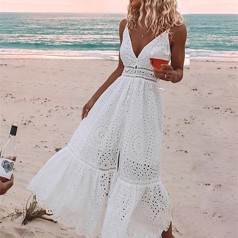 BerryGo White pearls sexy women summer dress Hollow out embroidery maxi cotton dresses Evening party long ladies vestidos 220426