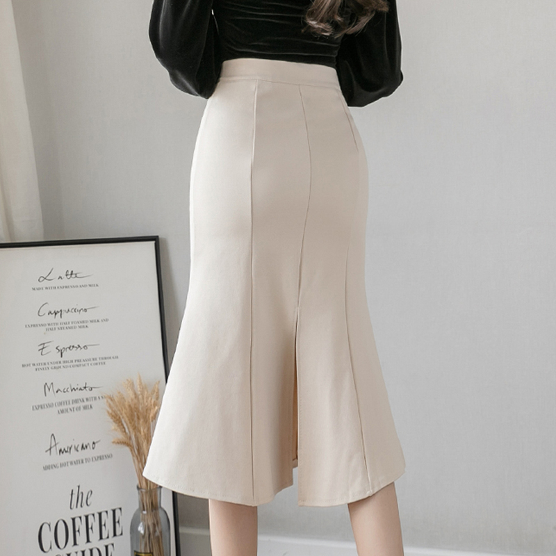 Women High Waist Midi Skirts Plus Size Ruffles Black Khaki Beige Office OL Skirt Fashion Package Hip Mermaid Womens 220322