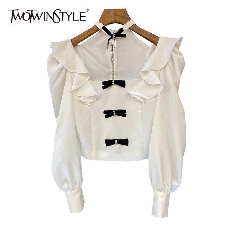TWOTWINSTYLE Elegant Patchwork Ruffle Shirt For Women Hooded Collar Long Sleeve Hollow Out White Blouse Female Fashion 210517