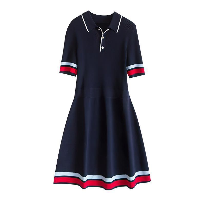 New Womens color block turn down collar short sleeve knitted a-line casual summer dress SMLXLXXL