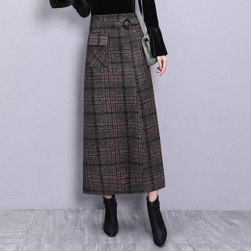 Elegant Retro Female Hight Waist Woolen Long Plaid Skirt Women Casual Straight Vintage Fashion Maxi Jupe Longue Femme Slim 220317