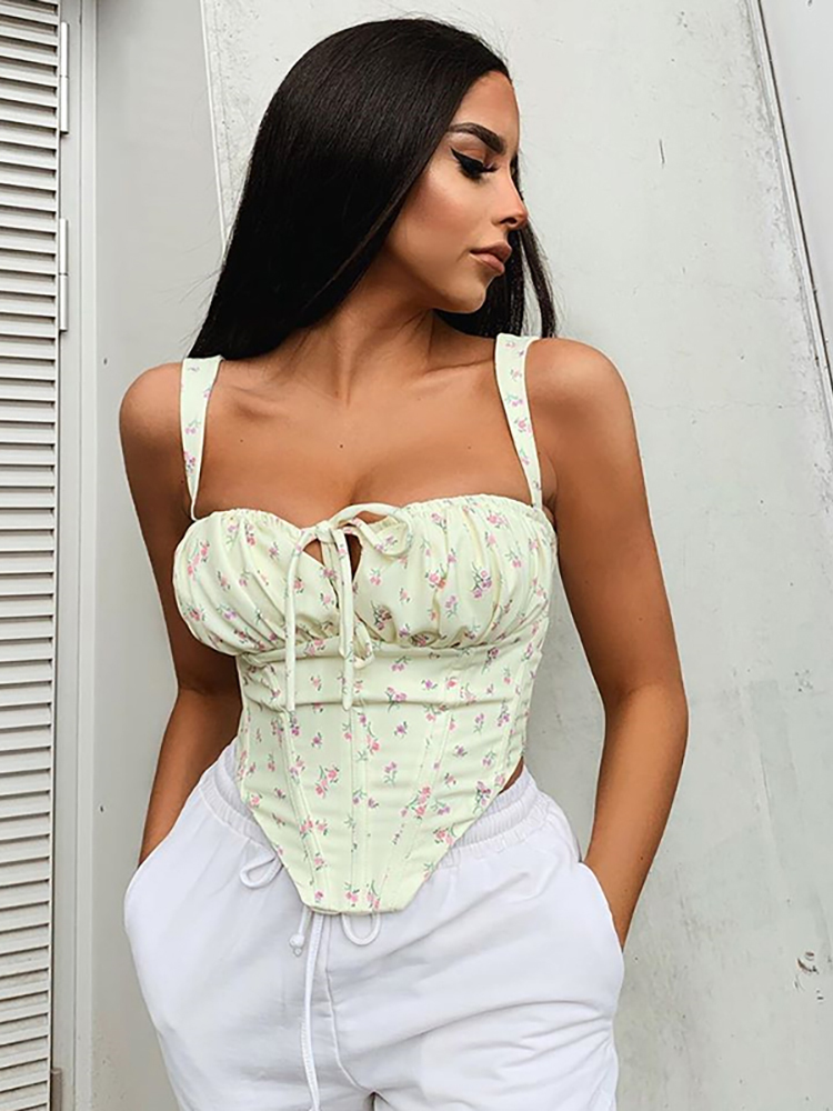 Asia Floral Corset Women Sweet Print Hollow Up Tie Sexy Crop Top Summer Sleeveless Ruched Boning Bustier Casual Tank 220325