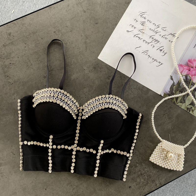 Women Fashion Wear Clothes Sexy Sleeveless Pearls BustierPush Up Night Club Bralette Bra Cropped Top Vest Corset 220325