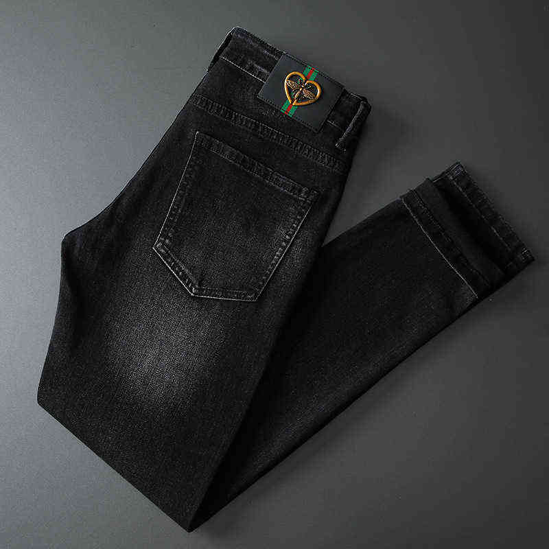 Winter Autumn Fashion Jeans Men's Korean Version Elastic Slim Fit Little Feet Bee Embroidered Pants