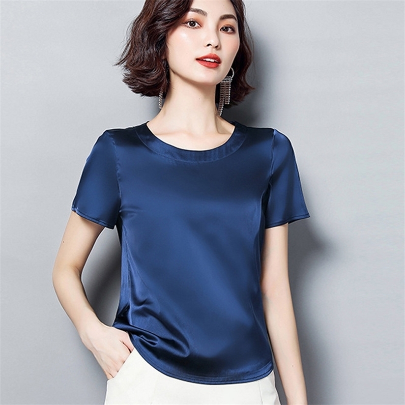 Summer Basic Solid Women's T-Shirts O-Neck Short Sleeve Tees Tops Satin Silk Elegant Thin Shirts for Female 220328