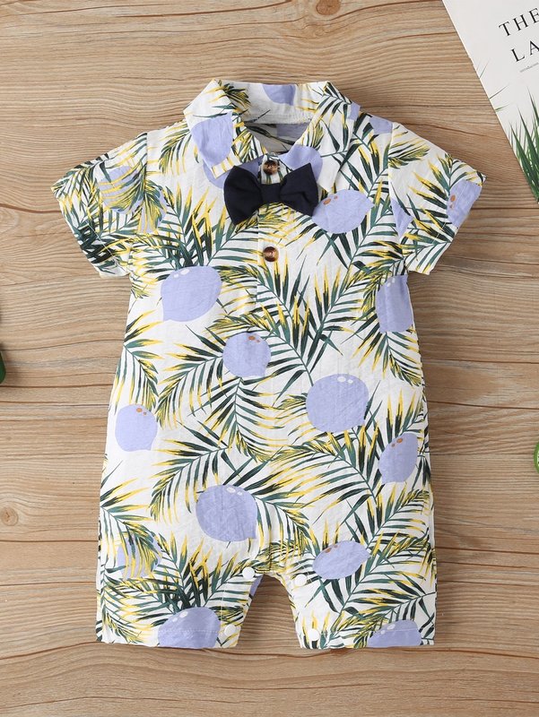 Baby boy leaf bow collar shirt Jumpsuit shorts SHE
