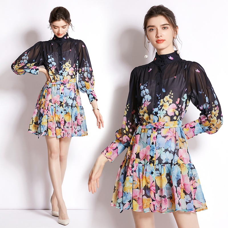 Wholesale New Summer Fall Black Floral Print Stand Neck Long Puff Sleeve Single-breasted Women Casual Party Elegant Temperament Belt Tunic Flounced Edge Short Dress, Xy6910 black
Wholesale New Summer Fall Black Floral Print Stand Neck Long Puff Sleeve Single-breasted Women Casual Party Elegant Temperament Belt Tunic Flounced Edge Short Dress, Xy6910 black