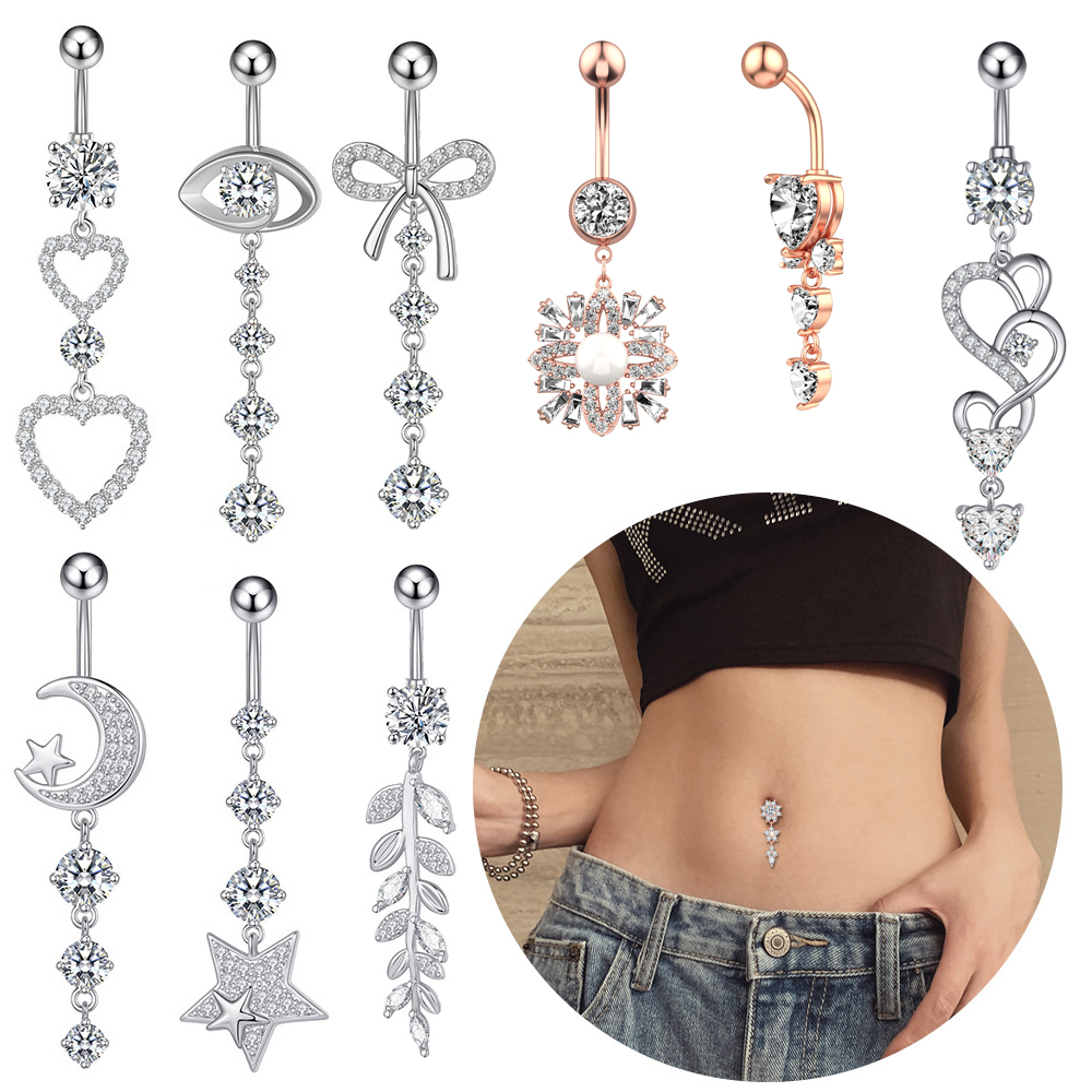 2022 Belly Button Ring Diamond Butterfly Dangle Navel Barbell Stud for Women Surgical Titanium Stainless Steel Rose Gold Cubic Zirconia Piercing Bling