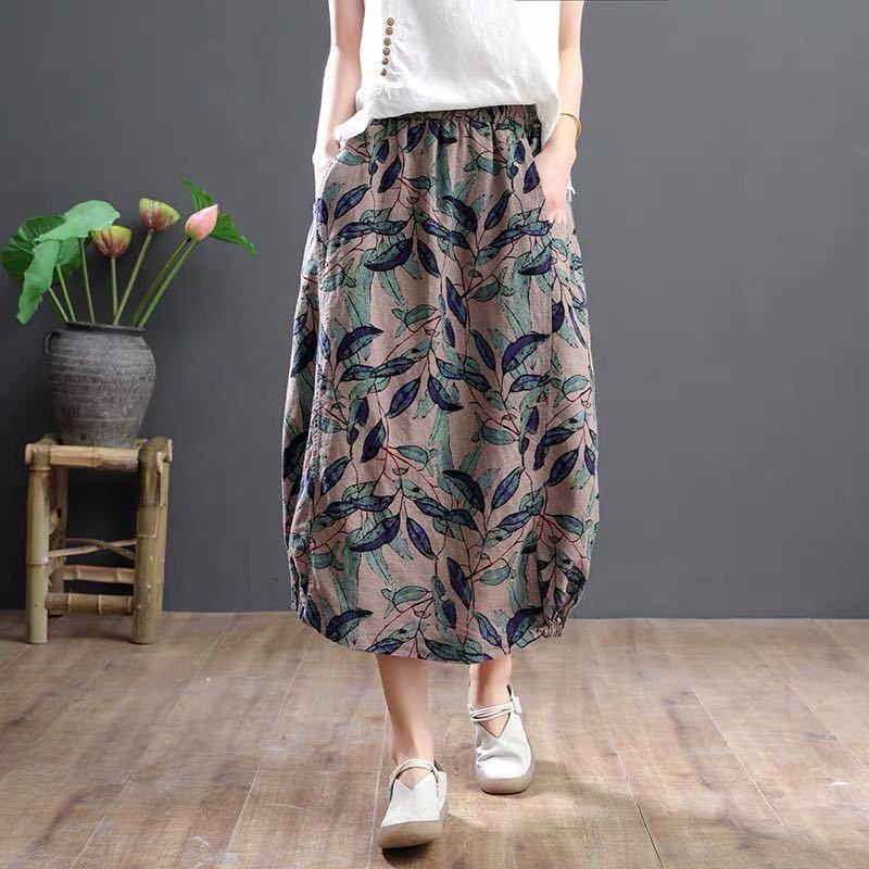 Women Vintage Floral Print Cotton Linen Skirt Autumn Mid Length High Waist Casual Retro Elastic Spring A Line Skirts 220322