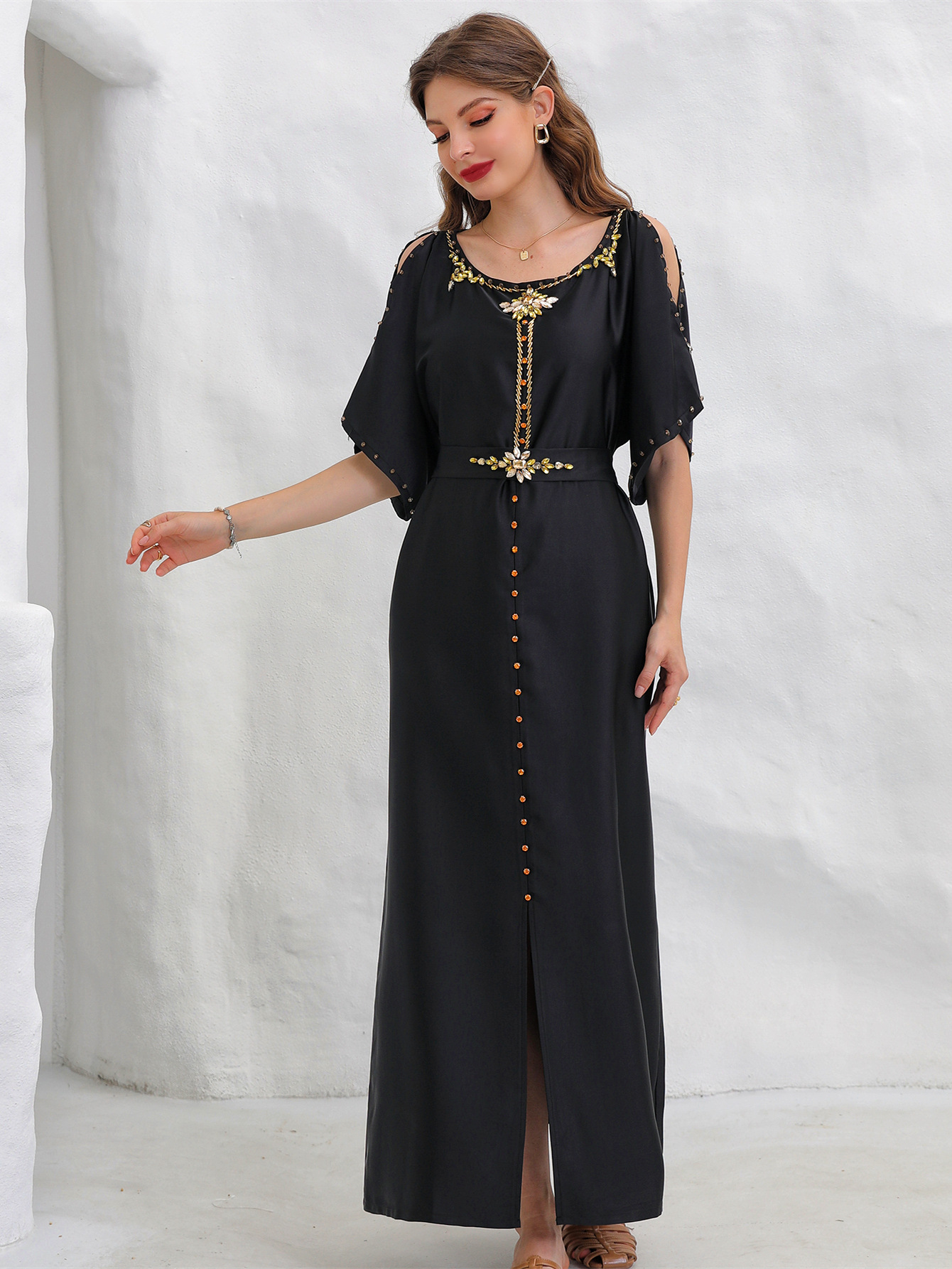 Sexy Green Teal Blue Arabci Evening Dress 2022 With Crystal Off The Shoulder Short Sleeve Kaftan Prom Dresses Abaya Morrocan Formal Dinner Party Wear 