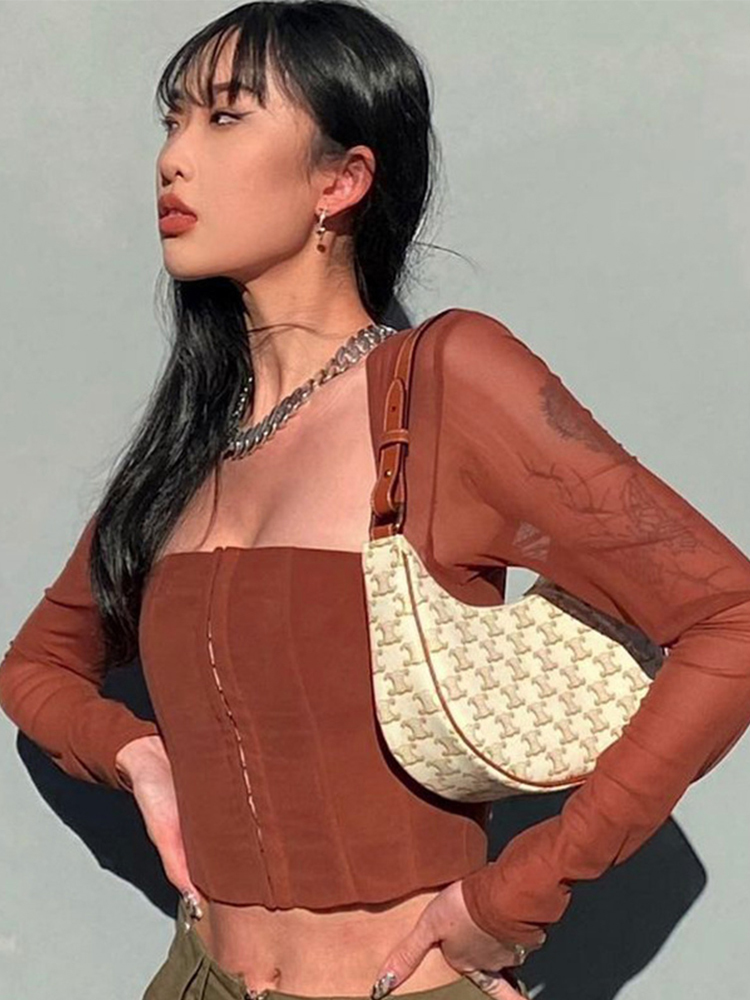 Mesh Top Women Long Sleeve Crop Square Neck T-Shirt Fairy Grunge Solid White Hook Eye s Sexy Brown Tee Shirt Y2K Clothes 220321