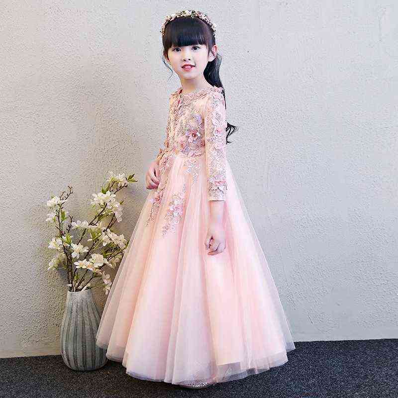 Elegant Pink Tulle Flower Girl Dress for Wedding Long Sleeve Appliques Kids Party Prom Dress First Communion Dresses Princess Y220510