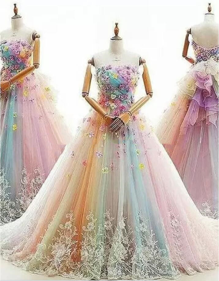 Rainbow Colorful princess Quinceanera Dresses Beaded Strapless fairy Sweet 16 Dress Sweep Train Flowers Appliqued Tulle Masquera gown