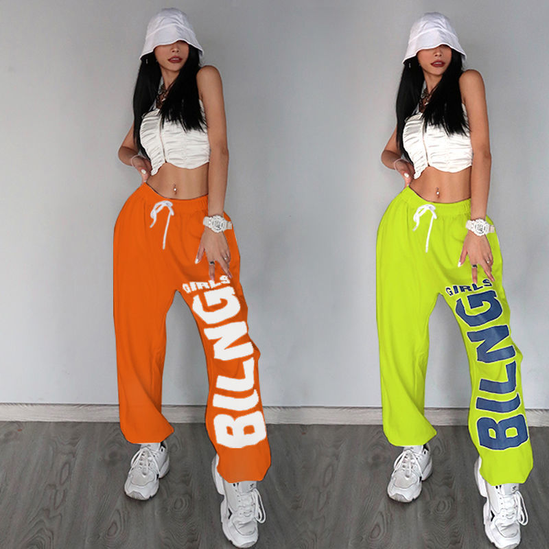 American retro letter print trouser's sports hip-hop trend casual pants dance jazz performance loose 220325
