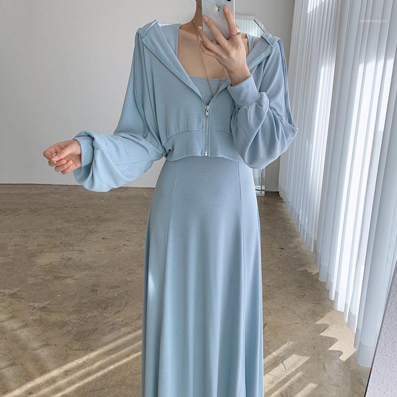 Casual Dresses Korean Chic Simple Hoodie Loose Zipper Lantern Sleeve Sweater + Slim Strap Dress Long Skirt Suit Women, Black jacket
Casual Dresses Korean Chic Simple Hoodie Loose Zipper Lantern Sleeve Sweater + Slim Strap Dress Long Skirt Suit Women, Black jacket
