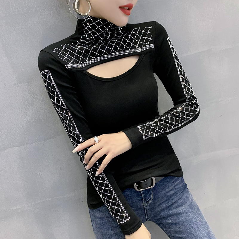 Spring Autumn Long Sleeve T-Shirt Fashion Casual Turtleneck Diamond Woman tshirts Elegant Slim Women's Tops Blusas 220411