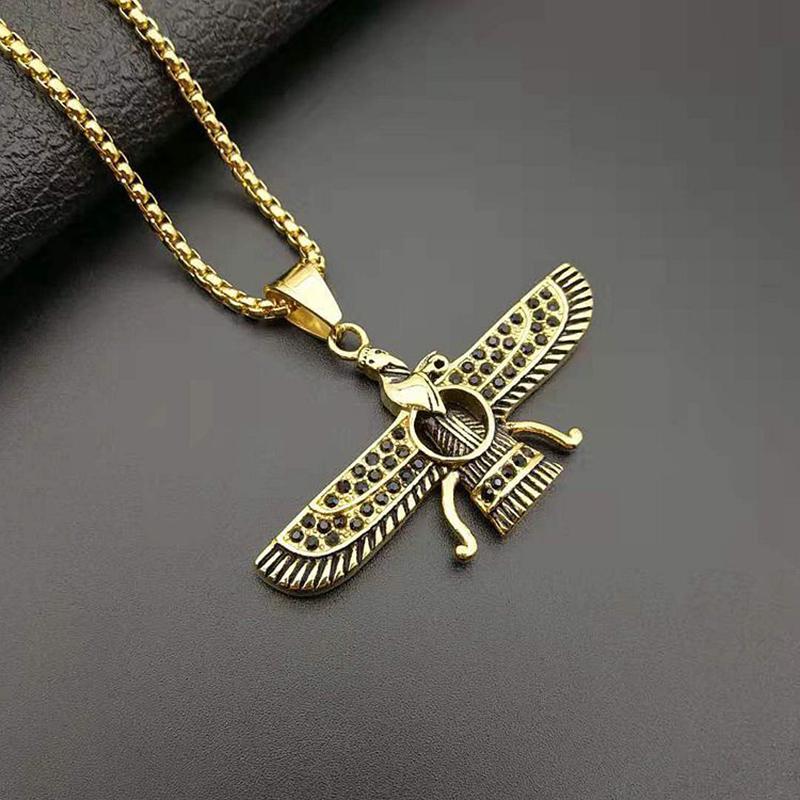 Pendant Necklaces Hip Hop Rhinestone Paved Bling Iced Out Faravahar Ahura Mazda Zoroastrian Necklace Gold Stainless Steel Men JewelryPendant