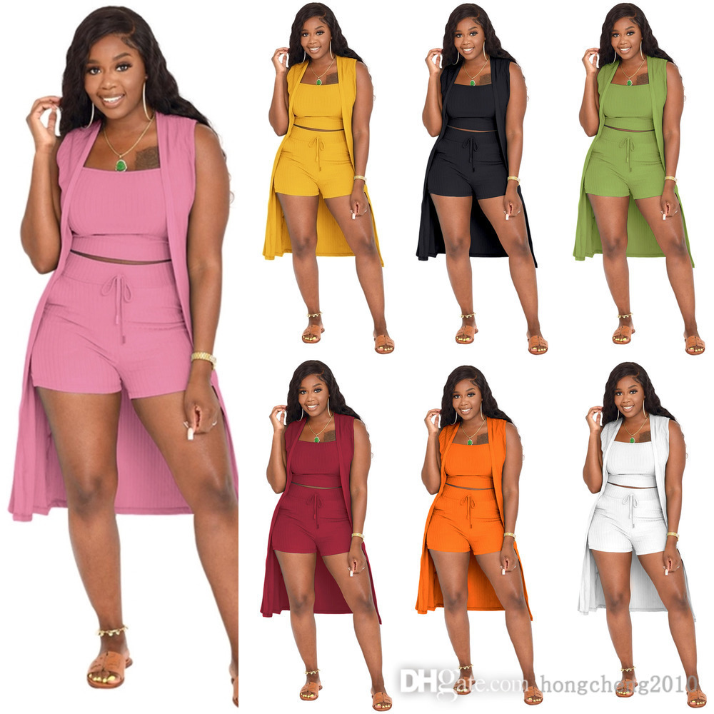 Womes Designer Tracksuits Summer Rib Knitted Clothing Sexy Three Piece Set Fashion Pit Strip Outfits 2022, Yellow
Womes Designer Tracksuits Summer Rib Knitted Clothing Sexy Three Piece Set Fashion Pit Strip Outfits 2022, Yellow