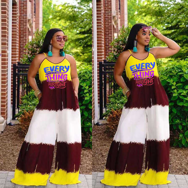 large women's letter printed pocket suspender Jumpsuit XL-5XL