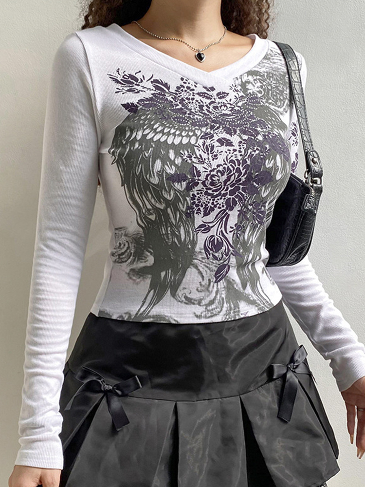 Tawnie Printed Y2K Graphic Women T Shirts Long Sleeve Tee Shirt Fairy Grunge Fashion Crop Tops Autumn Vintage Clothes 220328