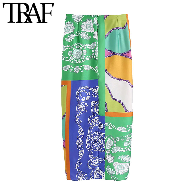 TRAF Women Chic Fashion With Knot Printed Front Vents Midi Skirt Vintage High Waist Back Zipper Female Skirts Mujer 220322