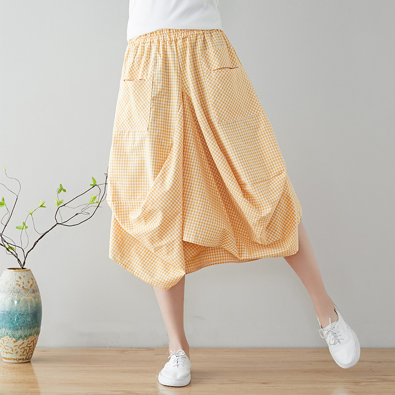 Johnature Summer Skirts Casual Plaid Bud Pockets Multicolor Pleated Knee-length Natural Comfortable Women 220322