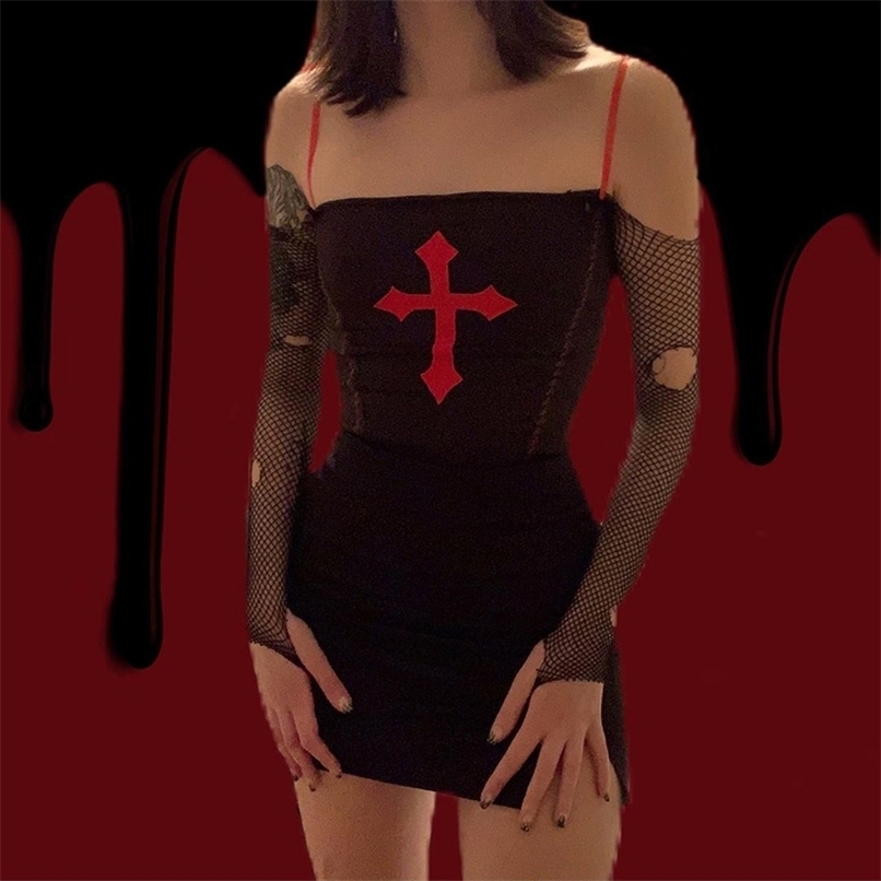 InsDoit Vintage Cross Gothic Sexy Summer Top Women Black Harajuku Streetwear Corset Camis Sleeveless Bandage Grunge Crop Tops 220316