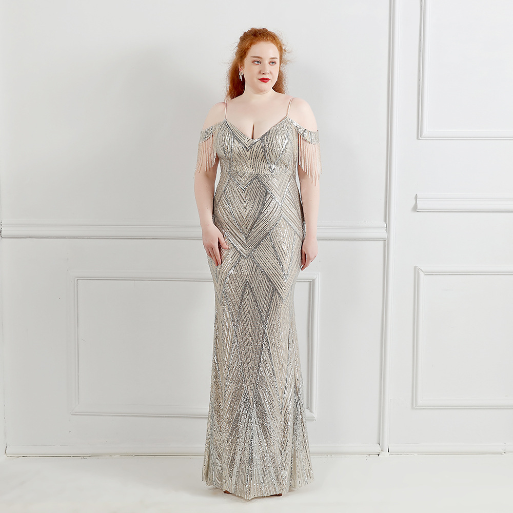Plus Size Sequin Mermaid Evening Dress With Tassel Elegant Black White Burgundy Long Prom Dresses 2022 Spaghetti Straps Formal Robes Soiree Abendkleid