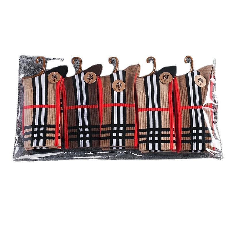 Trendy Plaid Socks Striped Brown Cotton Comfortable Socks Women Street Versatile Casual Sports Socks