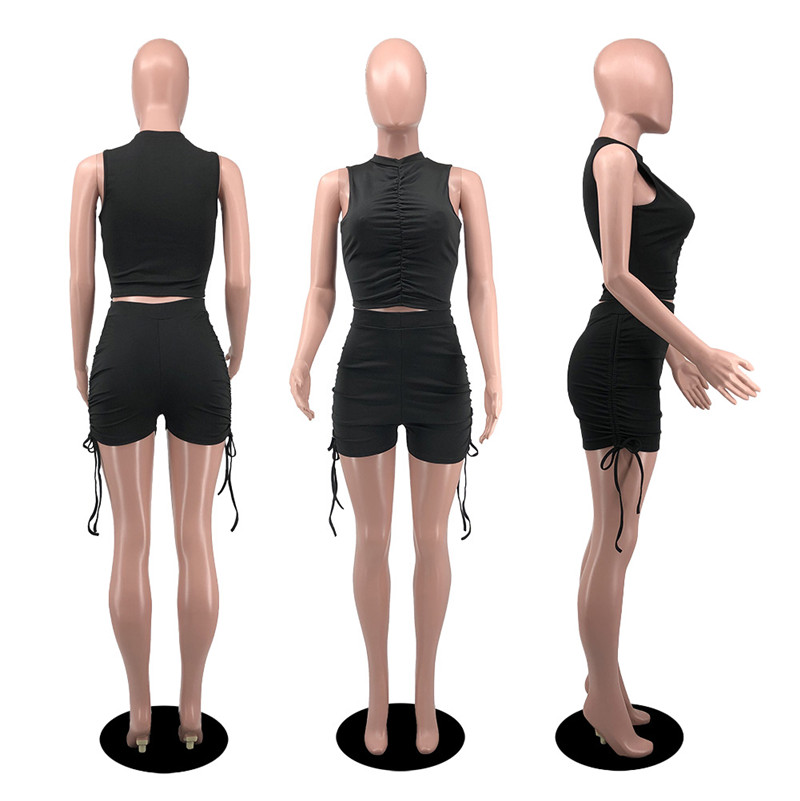 New Wholesale Women Summer Tracksuits Solid Outfits Sleeveless Shirring T Shirt Bandage Shorts Two Piece Set Casual Sports Suits Fitness clothes Bulk 