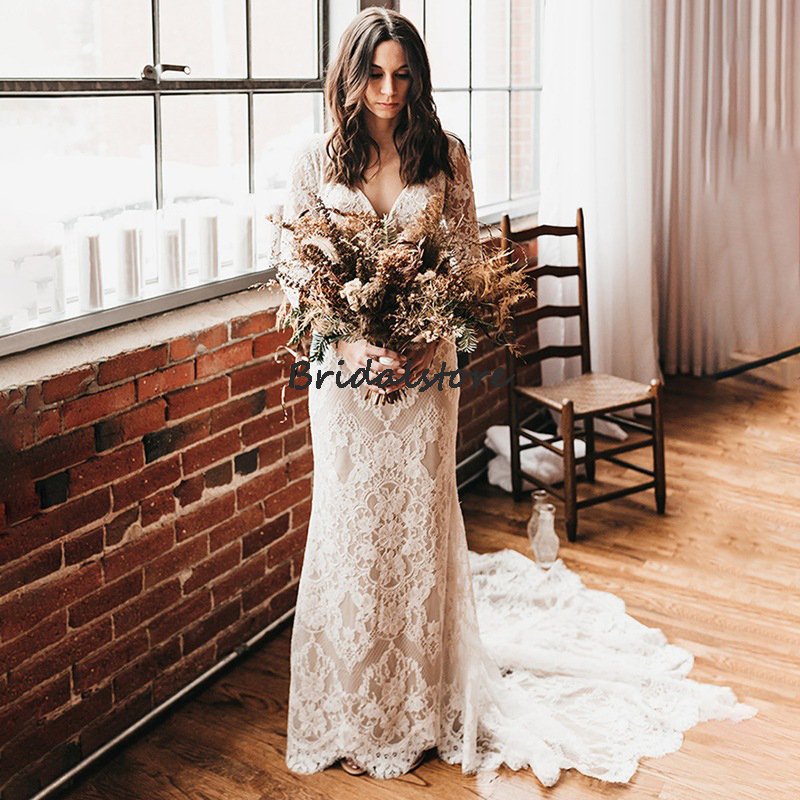 2022 Long Sleeve Lace Boho Wedding Dress Elegant Plus Size Mermaid Wedding Gowns Sexy Backless Floor Length V Neck Beach Bride Second Party Guest Rece