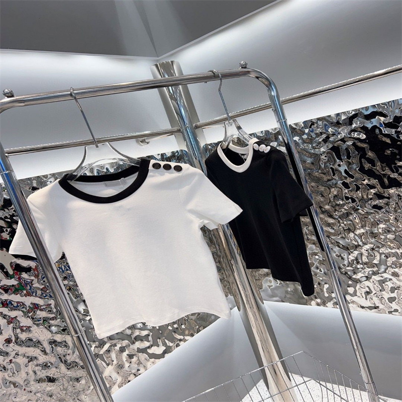 Women's T-Shirt Short Sleeve BlouseTop Casual Match Letter Slim Girl Black White Button Logo Shirts Fashion 22SS High Quality Cotton