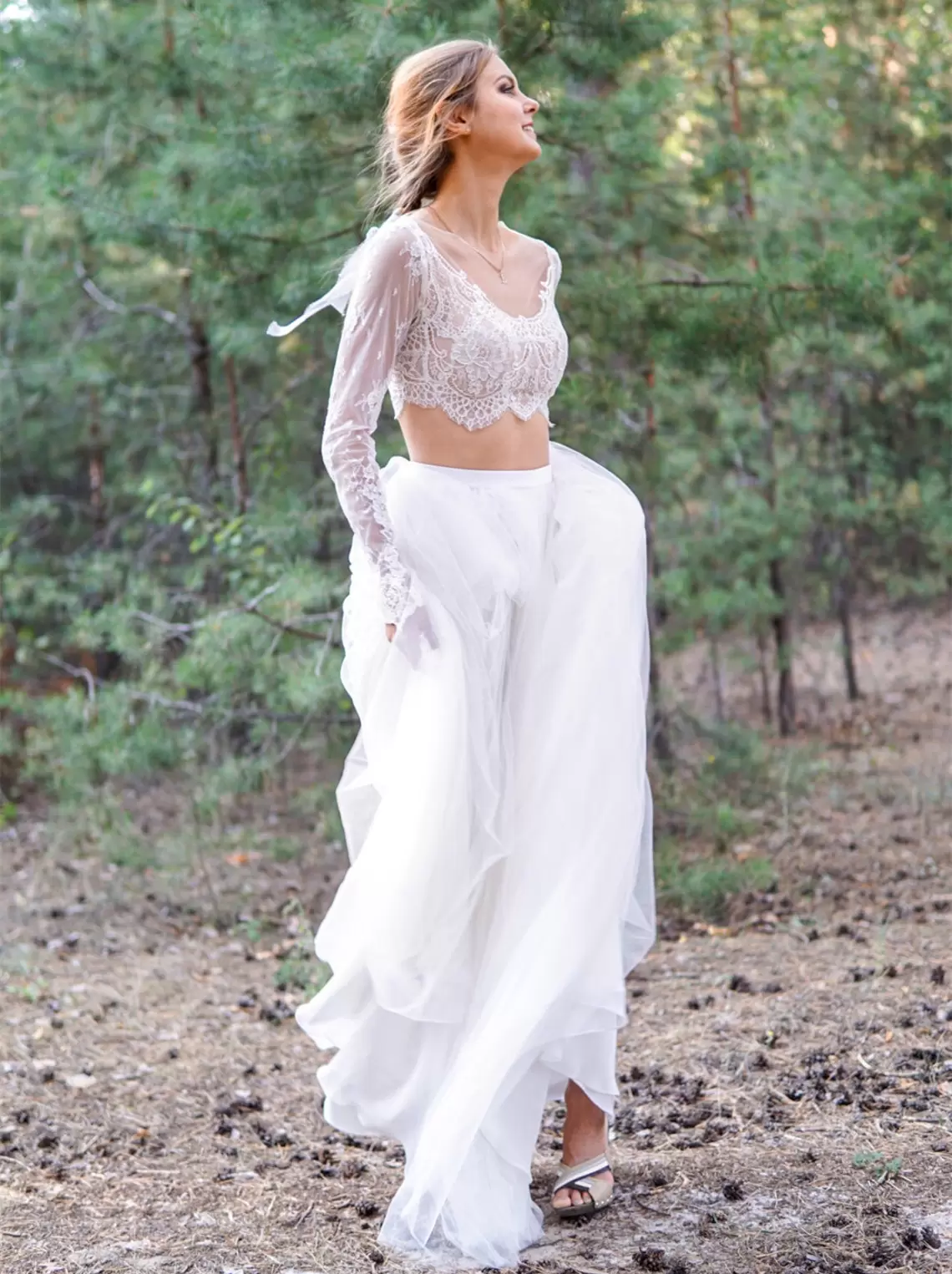 Beach Boho Wedding Dresses Bridal Gown Two Piece Long Sleeves Covered Buttons Tulle Lace Applique Pleat Ruched Country Vestidos De Novia