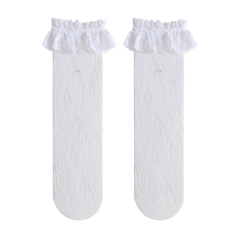 Womens Lolita Lace Loose Socks with Ruffle Trim Girl's High Stretch Nylon Mesh Fishnet Patterned Stockings Knee High/Mid Calf Socks Free Size Bla
