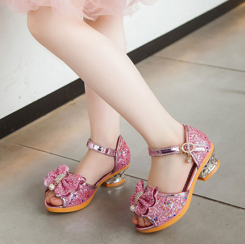 Childrens Shoes Summer Casual Glitter Bowknot Spring High Heel Girls Shoes Fashion Princess Dance Party Sandals 220622