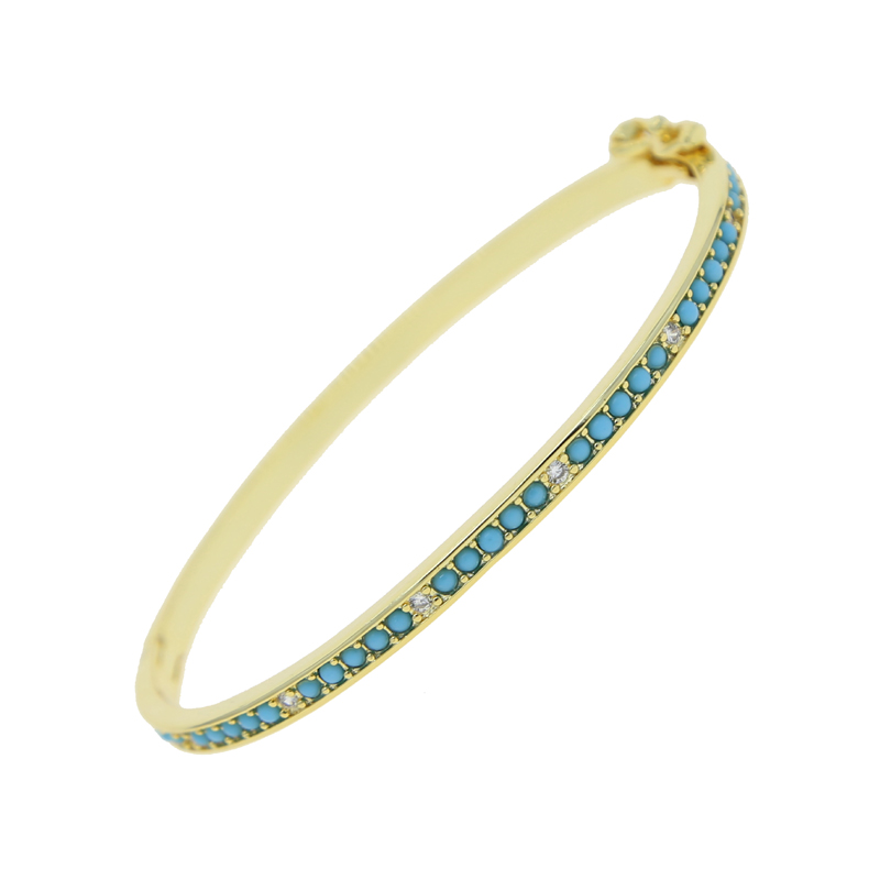 Women's Hand Bracelet: Gold Sparkg CZ Blue Turquoise Stone Bangle Jewelry