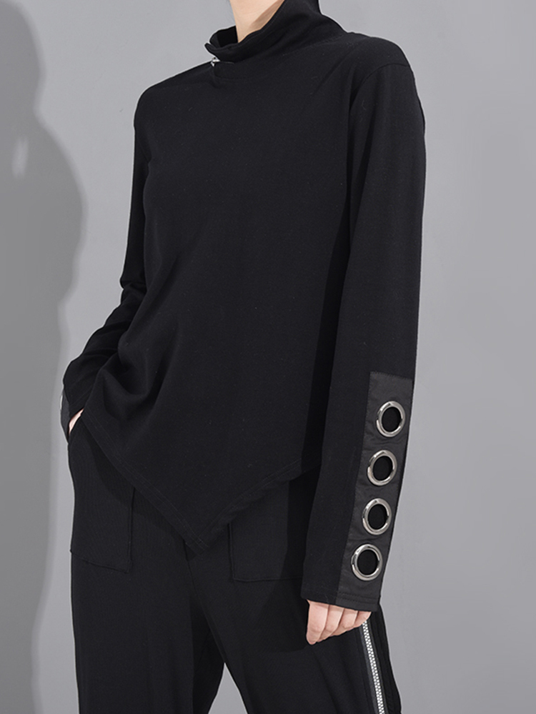 [EAM] Women Black Hollow Out Asymmetrical Split Joint T-shirt Stand Collar Long Sleeve Fashion Spring Autumn 1M87401 220328