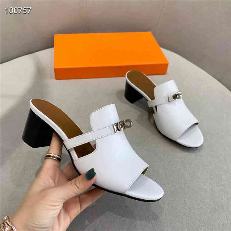 Thick heel hollow buckle women's summer slippers high-heeled sandals Outlet, Red
