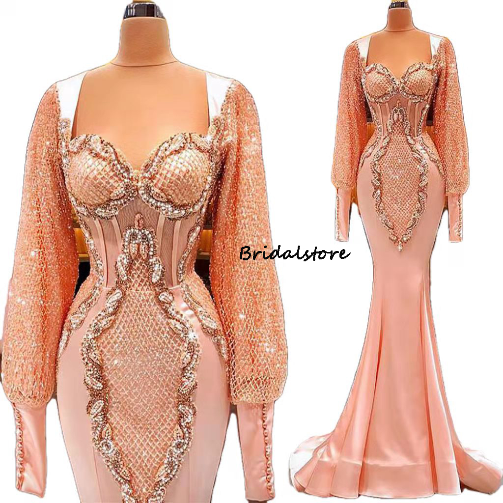 Luxury Aso Ebi Rose Gold Mermaid Prom Dresses For Black Girls 2022 Beaded Long Sleeve African Evening Dress Satin Formal Dinner Party Occasion Robes D