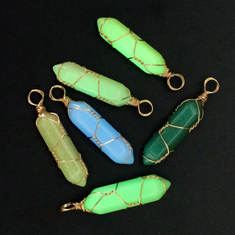 Luminous Stone Charms Wire Wrap Hexagonal Prism Glass Crystal Glow Light In The Dark Pendant for Jewelry Making Necklace Accessories