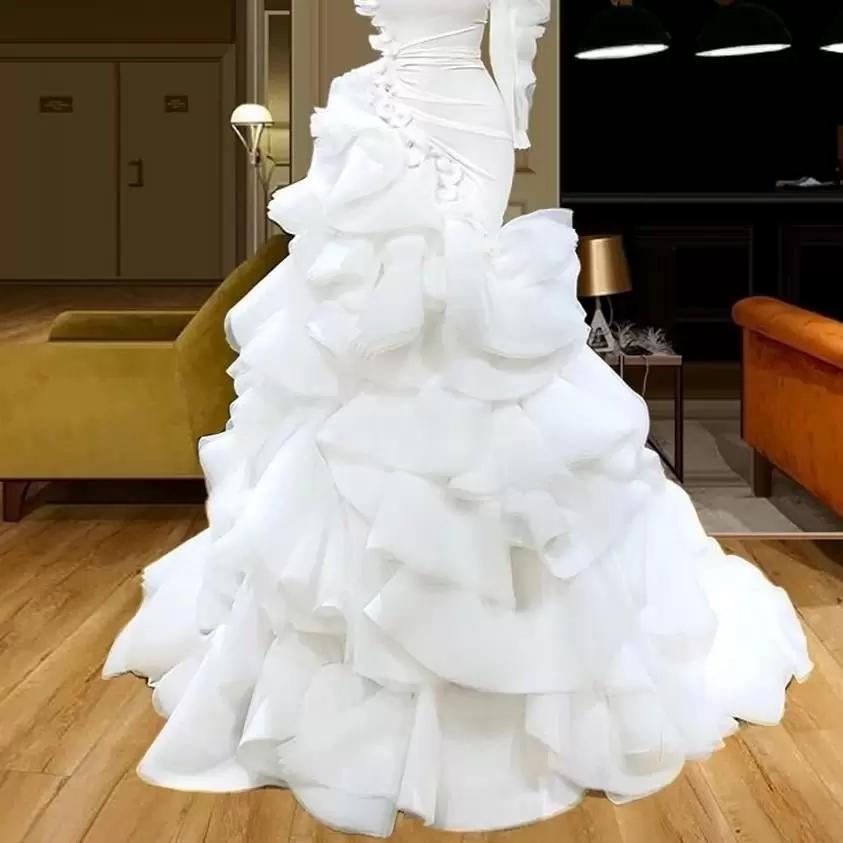Fashion Mermaid Wedding Dress Ruffles One Shoulder Long Sleeve Saudi Arabia Bridal Gowns Sweep Train Robes De